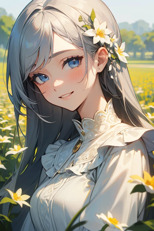(masterpiece: 1.2, Highest quality), (Actual Photos, Intricate details), 1. woman, alone, Upper Body, casual, Shoulder-length hair, Minimal makeup, Natural materials, Face close-up, smile, Home, Gray Hair, blue eyes, Shoulder Bare、Smiling with teeth showing、Flower Field、