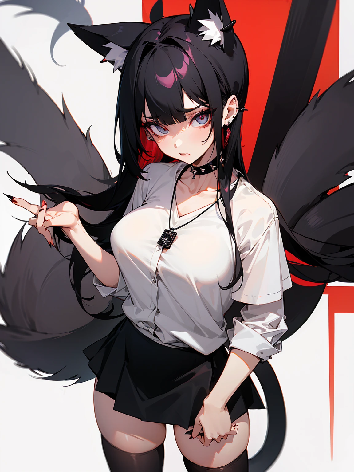 ((Long Straight Black hair)), Perfect face, Choker, Punk earrings, ((Tall)), ((High Quality)), Necklace, ((Mature)), Pretty Eyes, Sharp Nails, Bangs, ((1 Girl)), ((Multiple Earrings)), 1 girl, Spiky Earrings, Adult, Spiked Collar, Thin Eyelashes, Plain Background, Red Colors in Background, Cat Girl, Long Tail, Large Tail, Massive Tail, Black Tail, ((Black Goth Mini Skirt)), ((White Shirt)), Close Up, Very Short Mini Skirt, Tall, Long Legs, Sexy Thigh Highs, ((Very Disgusted)), Dynamic Pose,