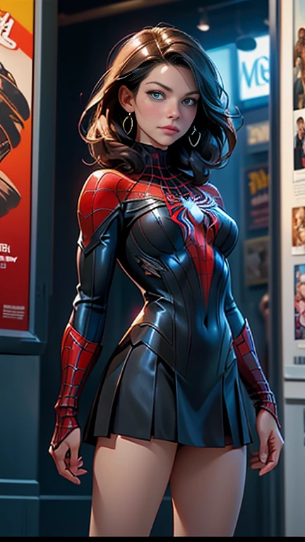 Evangeline Lilly、マーベルコミックの映画Poster、so beautiful、Movies about Spider-Man、sexy、whole body、Wearing a skirt、Premiere Date、Poster、belly buttonを突き出す、new york、She&#39;s wearing a ripped Spiderman suit、The suit is torn、Wearing a skirt、Red and black color scheme、dynamic、masterpiece、Highest quality、Super detailed、Very detailed、Delicate and beautiful shine、Ultra-high resolution、Cinematic、break、breakドロップ、(Torn clothes:1.5)、(Wet clothes:1.4)、Bare shoulders、Real Rain、Wet Hair、belly button、Exposed Skin、sexyな肩を披露