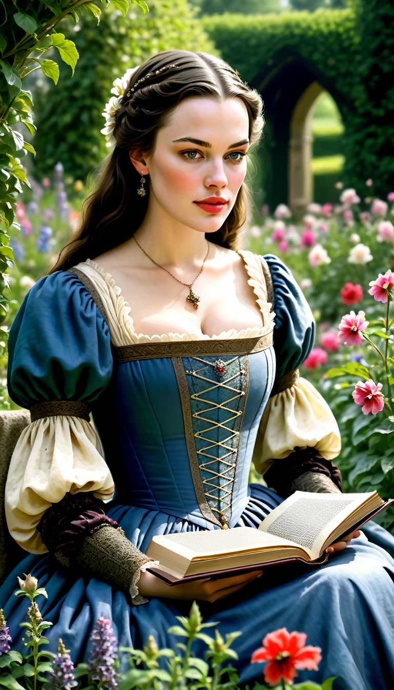 A portrait of a beautiful woman, resembling a mix of Liv Tyler and Keira Knightley, wearing a Medieval Era outfit. She is sitting in a flower garden, reading a scroll of manuscript. The image has a shallow depth of field, with the woman in sharp focus and the background softly blurred. The illustration style is inspired by Don Lawrence, with a focus on realistic and detailed representations of the woman's features and Medieval Era costume. The overall atmosphere is serene and peaceful, with the woman engrossed in reading.