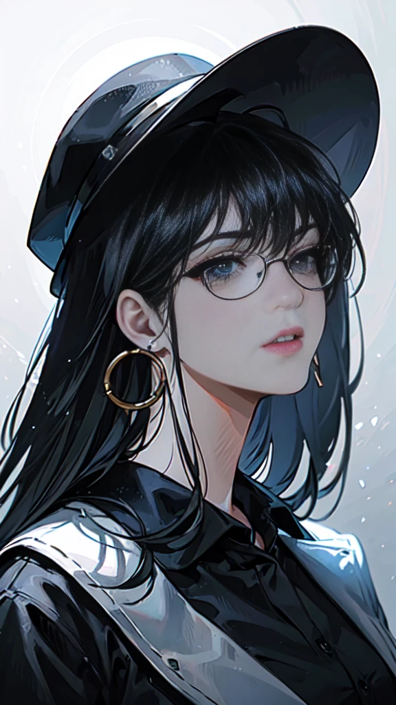 A young woman with black hair, blue eyes, and wearing round glasses, wearing a black hat with a golden detail, and golden hoop earrings, detailed portrait, beautiful detailed eyes, beautiful detailed lips, extremely detailed eyes and face, long eyelashes, intricate detailed clothing, expressivepose, cinematic lighting, ornate background, (best quality, 4k, 8k, highres, masterpiece:1.2), ultra-detailed, (realistic, photorealistic, photo-realistic:1.37), cinematic lighting, warm color tones, dramatic chiaroscuro, digital painting, concept art