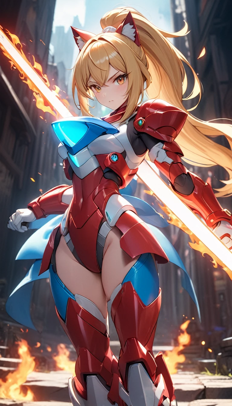 Masterpiece, exquisite and detailed, 4k, 8k, high resolution, hightech fantasy style inspired by the design of Megaman, an anthro wolf reploid goddess with long blonde ponytail hair, helmet and red armor with white details, fierce, wielding a flaming sword, posing next to the sword, dynamic light , cinematic BG, highly detailed