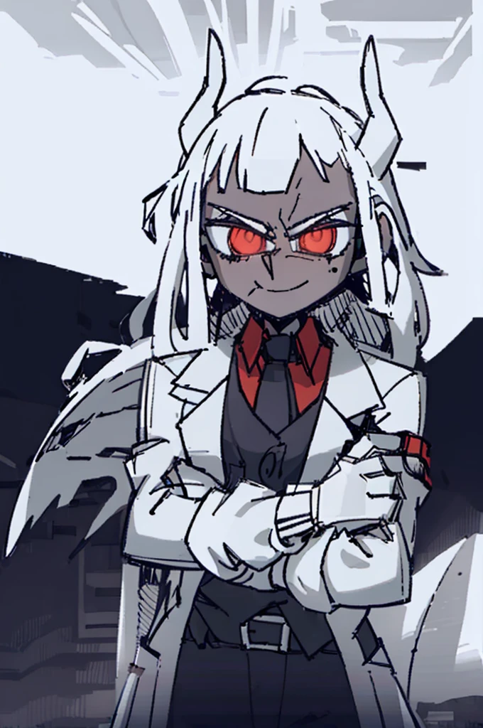 ((best qualityer)), ((work of art)), (detailded), 1 boy,darkskin,Eyes red,scientist outfit, white labcoat, long hair, antlers,((Scientific laboratory)),(crossed arms), wide smile ((psychotic)), holding a knife((bloodstains))