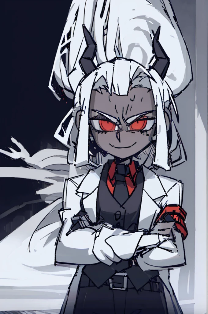 ((best qualityer)), ((work of art)), (detailded), 1 boy,darkskin,Eyes red,scientist outfit, white labcoat, long hair, antlers,((Scientific laboratory)),(crossed arms), wide smile ((psychotic)), holding a knife((bloodstains))