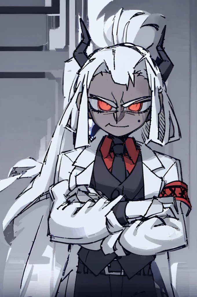((best qualityer)), ((work of art)), (detailded), 1 boy,darkskin,Eyes red,scientist outfit, white labcoat, long hair, antlers,((Scientific laboratory)),(crossed arms), wide smile ((psychotic)), holding a knife((bloodstains))