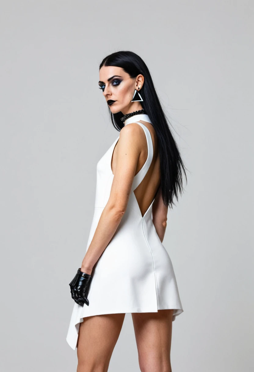 SLIM 35 years old woman, , small ass, black long hair, wearing MINIMAL WHITE cyberpunk MINIDRESS with triangular forms, in a white background, black nails, triangular necklace, triangular earrings,