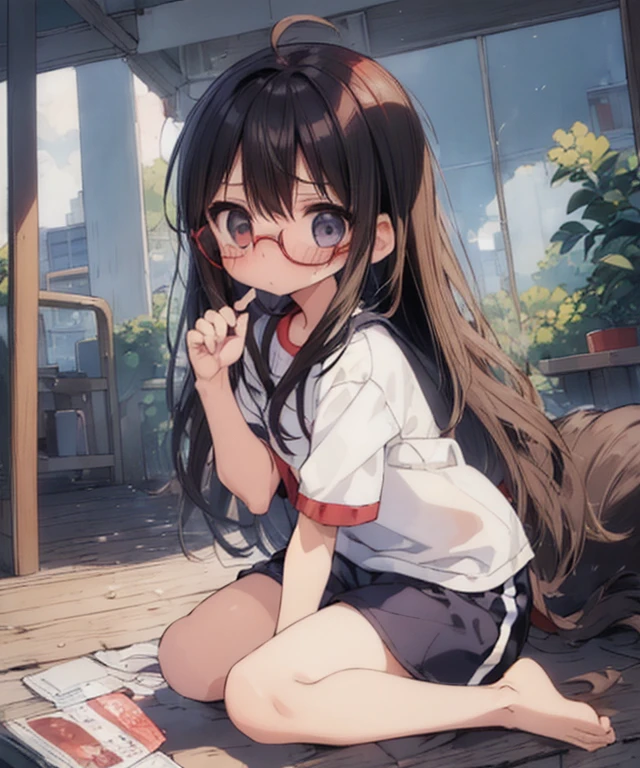 (Big red round glasses:1.3)、(Timid girl、blush、Watery eye:1.2)、Long black hair、White short sleeve shirt、Navy blue shorts、Gym suit、 body、Flat 体、Gym suitショートパンツ、Wide-legged shorts、Shorts and thigh gap