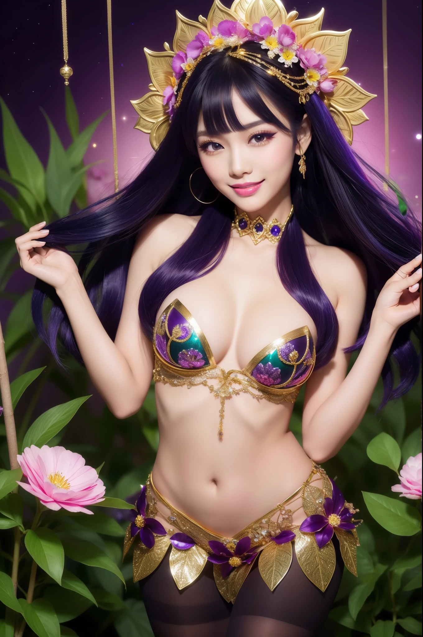 (nsfw), ultra realistic girl who controls poison, halloween, goth, gyaru, lip-gloss, gothic makeup, purple flowing hair, sparkling poisoned flower costume、、、、secrete poison, skull hair accessoires, sweet and sexy, seductive pose, shy, smile, flowers background