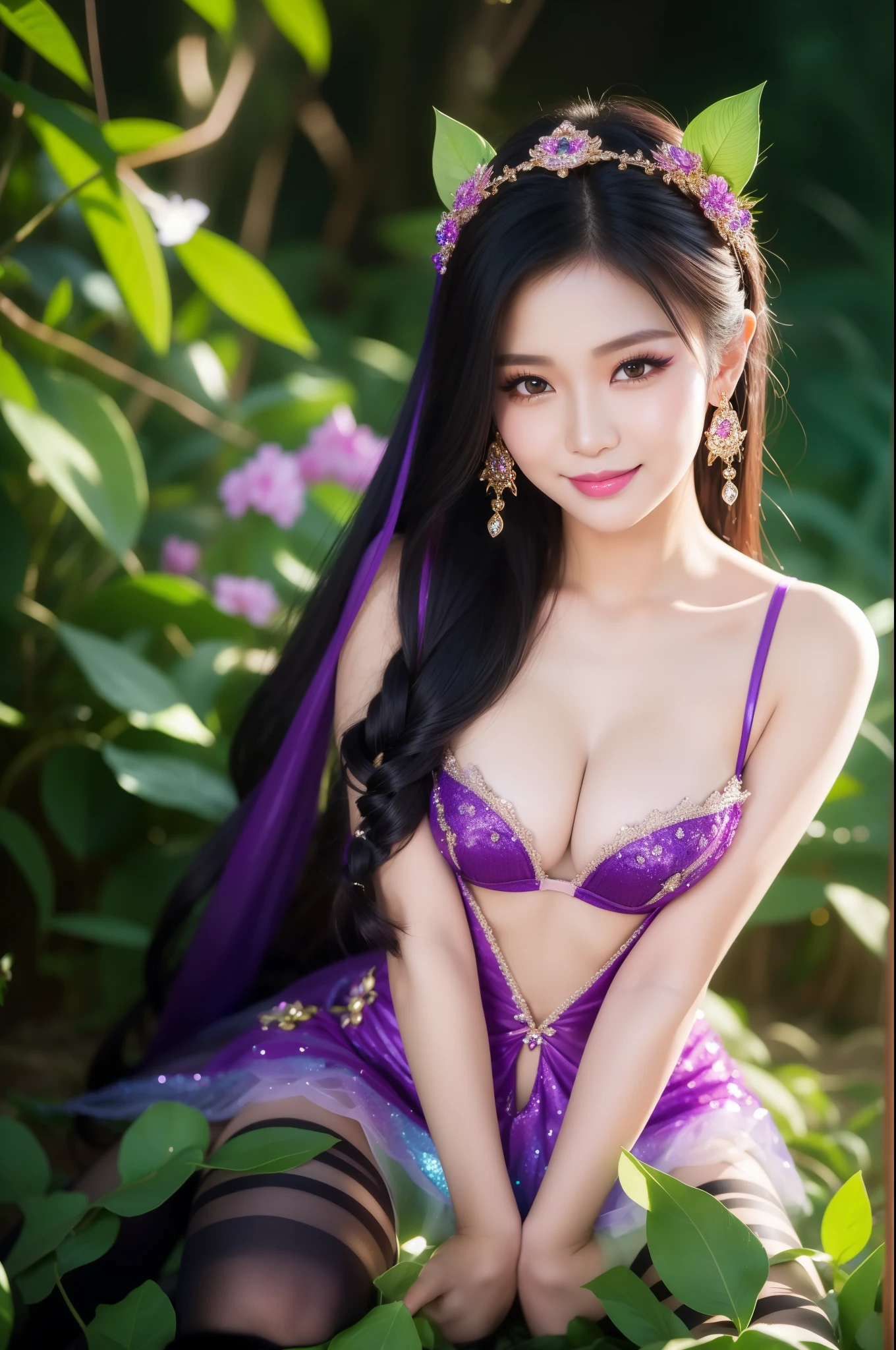 sexy Thai model who controls poison、beautiful smile、lipgloss、long lashes、intense makeup、look at the camera、full body Esbian、、sparkling poisoned flower costume、、、、shiny sparkling multicolor hair、secrete poison、skull hair accessories、sexy tights、shiny sparkling dark magic forest background