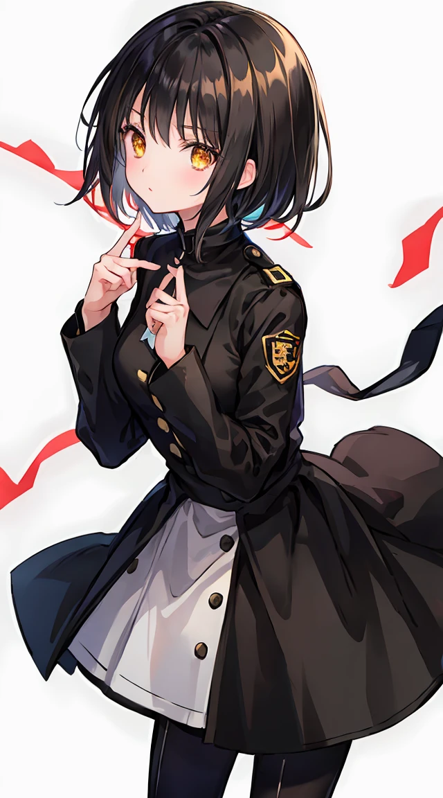 light yellow eyes、Short straight black hair、A uniform that is primarily black with red accents