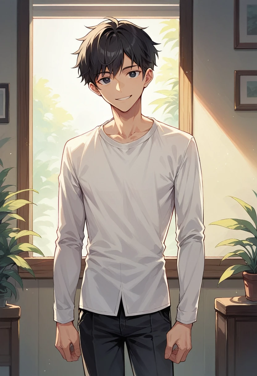 score_9, score_8_up, score_7_up, score_6_up, 1boy, solo, straight hair, short hair, black hair, black eyes, white shirt, long sleeves, black pants, indoors, standing, looking at viewer, smile