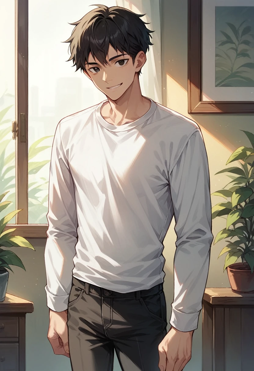 score_9, score_8_up, score_7_up, score_6_up, 1boy, solo, straight hair, short hair, black hair, black eyes, white shirt, long sleeves, black pants, indoors, standing, looking at viewer, smile