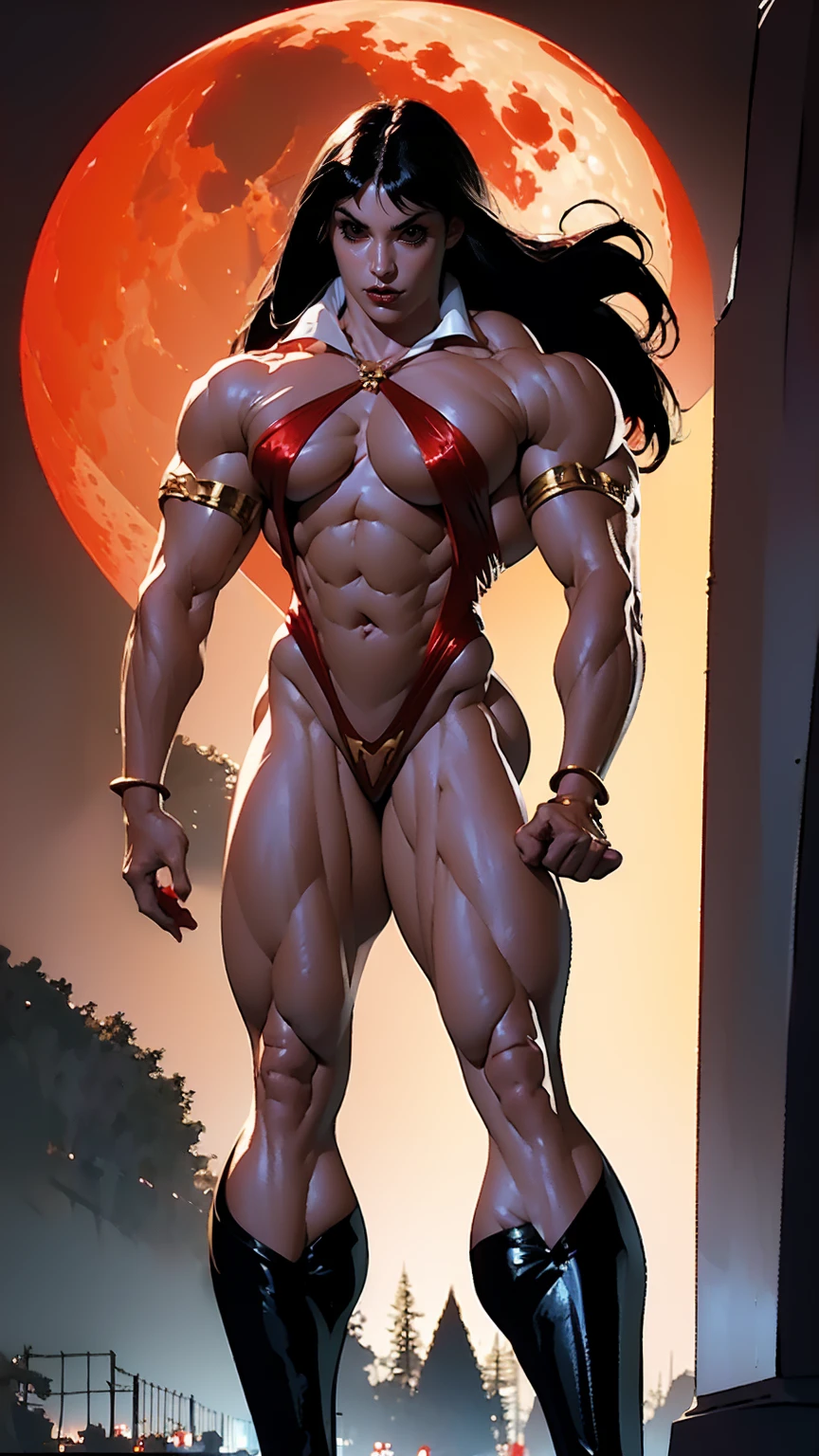 Megan fox as Vampirella, (wearing a red vampirella outfit:1.25), (muscular physique, pale skin, red glowing eyes:1.25), walking down a cemetery on a moonlit night, full moon, dark gothic atmosphere, thin legs, Realistic, Very detailed face and eyes, (masterpiece:1.1), (best quality:1.1), (ornate:1.1), (beautiful girl face:1.25)