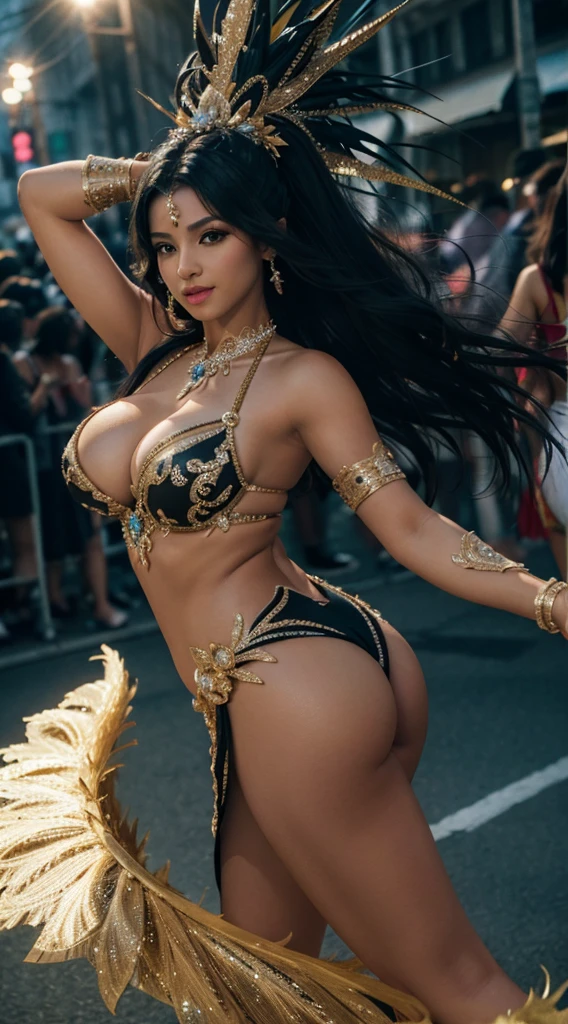 high resolucion, Masterpiece, Best Quality, ((Hasselblad photo)), Sharp focus, (Cinematic lighting), Soft lighting, Dynamic Angle, girls, Mature Brazilian woman, (Wearing a samba dance dress:1.2), carnival, Samba dress, fine detailed skin, Very long wavy black hair, Highly detailed hair, high heels,large full breasts,bare chest,a narrow waist,bare ass,big size ass,bare belly,sparkly skin,intriciate detail, ((Cinematic light)),((black)), , Brazil, carnival, Colors, 8K