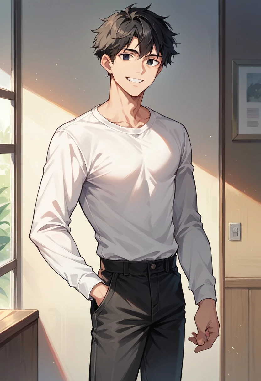 score_9, score_8_up, score_7_up, score_6_up, 1boy, solo, straight hair, short hair, black hair, black eyes, white shirt, long sleeves, black pants, indoors, standing, looking at viewer, smile