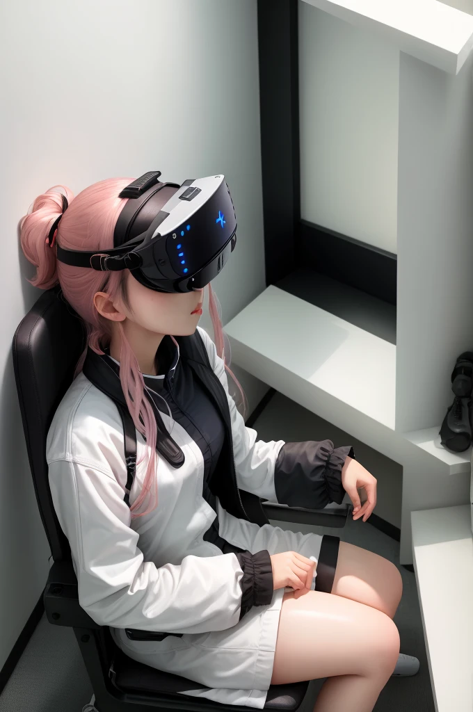 ４A room surrounded by narrow white walls。A woman sits in a white chair and wears VR goggles。