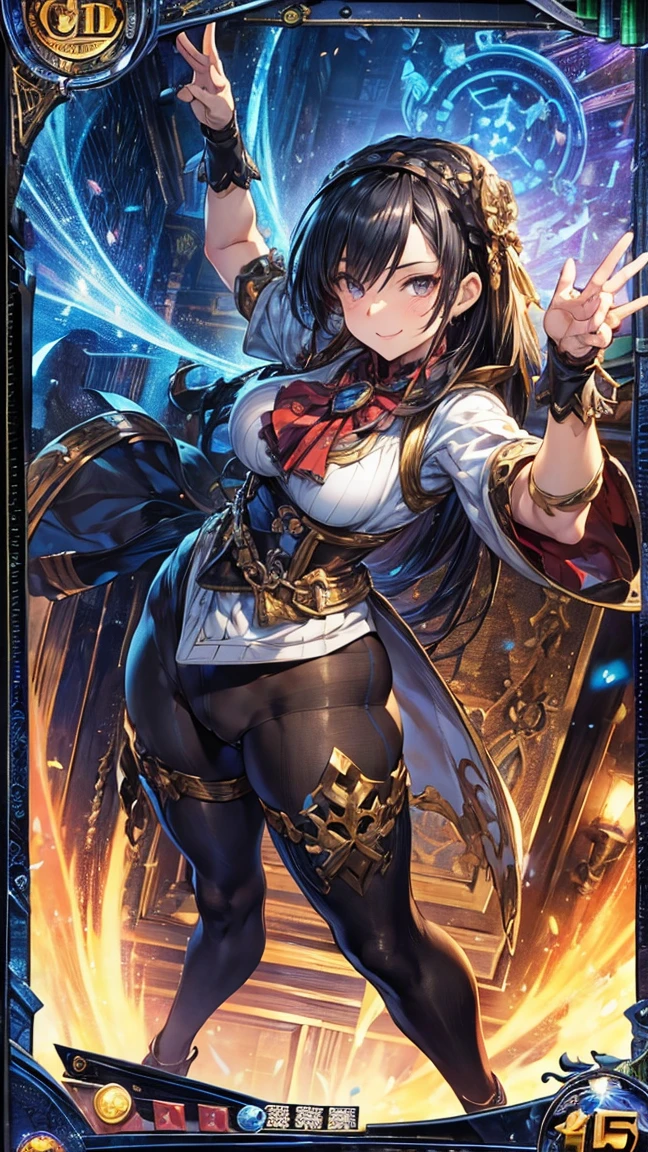 (1 mature merchant,Full Body Tights,Age 35), ((Pub,guild)),(smile),Dynamic pose,Dynamic Angle,Pose for a photo,From below,Elderly woman、Trading Card Game Frames、Highest Rare、Five Fingers、Signature mark、Recovery Officer、Big Butt、Black Hair