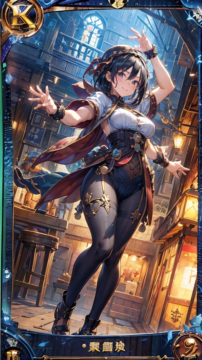 (1 mature merchant,Full Body Tights,Age 35), ((Pub,guild)),(smile),Dynamic pose,Dynamic Angle,Pose for a photo,From below,Elderly woman、Trading Card Game Frames、Highest Rare、Five Fingers、Signature mark、Recovery Officer、Big Butt、Black Hair