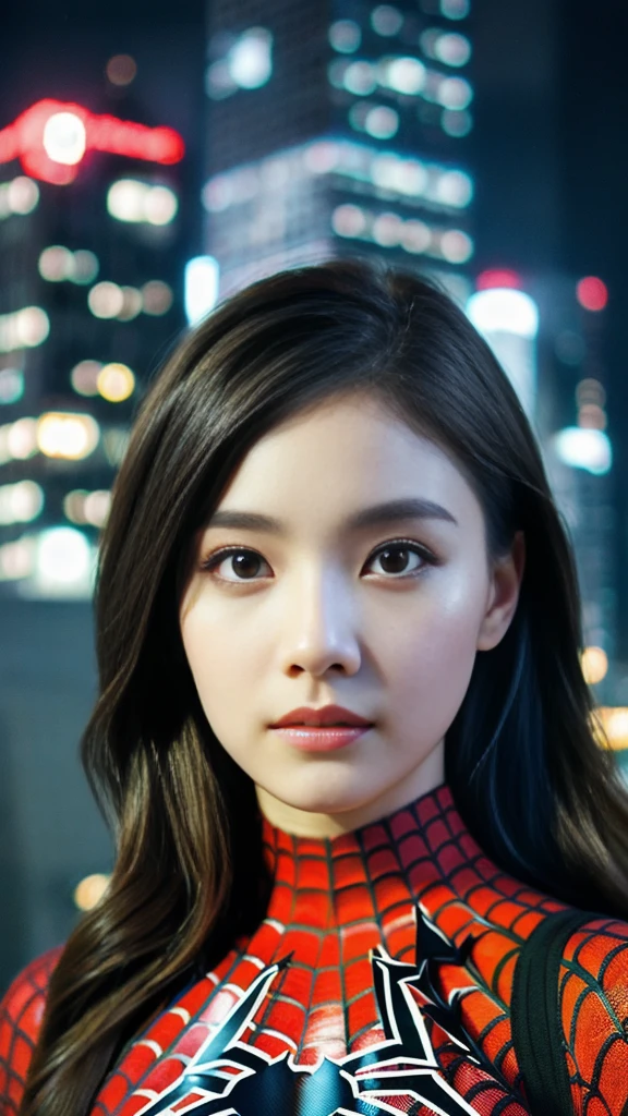 (1girl:1.3), Solo, (((Very detailed face)))), ((Very detailed eyes and face)))), Beautiful detail eyes, Body parts__, Official art, Unified 8k wallpaper, Super detailed, beautiful and beautiful, beautiful, masterpiece, best quality, original, masterpiece, super fine photo, best quality, super high resolution, realistic realism, sunlight, full body portrait, amazing beauty, dynamic pose, delicate face, vibrant eyes, (from the front), She wears Spider-Man suit, red and black color scheme, spider, very detailed city roof background, rooftop, overlooking the city, detailed face, detailed complex busy background, messy, gorgeous, milky white, highly detailed skin, realistic skin details, visible pores, clear focus, volumetric fog, 8k uhd, DSLR, high quality, film grain, fair skin, photo realism, lomography, futuristic dystopian megalopolis, translucent