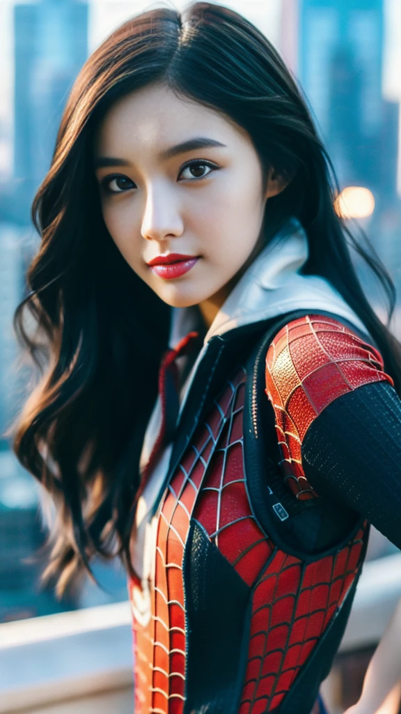 (1girl:1.3), Solo, (((Very detailed face)))), ((Very detailed eyes and face)))), Beautiful detail eyes, Body parts__, Official art, Unified 8k wallpaper, Super detailed, beautiful and beautiful, beautiful, masterpiece, best quality, original, masterpiece, super fine photo, best quality, super high resolution, realistic realism, sunlight, full body portrait, amazing beauty, dynamic pose, delicate face, vibrant eyes, (from the front), She wears Spider-Man suit, red and black color scheme, spider, very detailed city roof background, rooftop, overlooking the city, detailed face, detailed complex busy background, messy, gorgeous, milky white, highly detailed skin, realistic skin details, visible pores, clear focus, volumetric fog, 8k uhd, DSLR, high quality, film grain, fair skin, photo realism, lomography, futuristic dystopian megalopolis, translucent