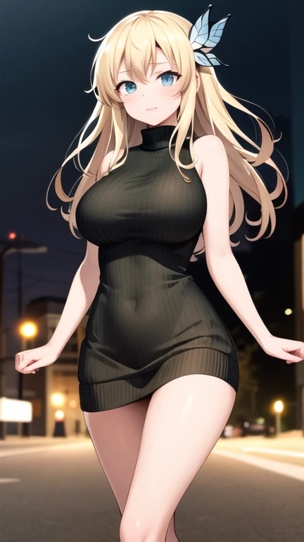 masterpiece, best quality, highres, aasena, long hair, hair ornament, large breasts, sweater dress, sleeveless, outdoors, night, street,