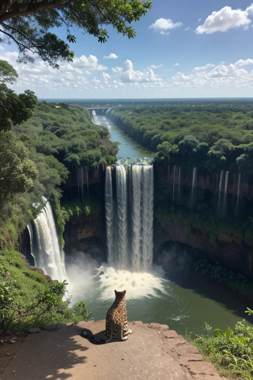 a jaguar in the middle of the Misiones jungle with the Iguazú river in the background. The Iguazú Falls can also be seen in the distance.. It's a sunny day and the sky is completely clear.
