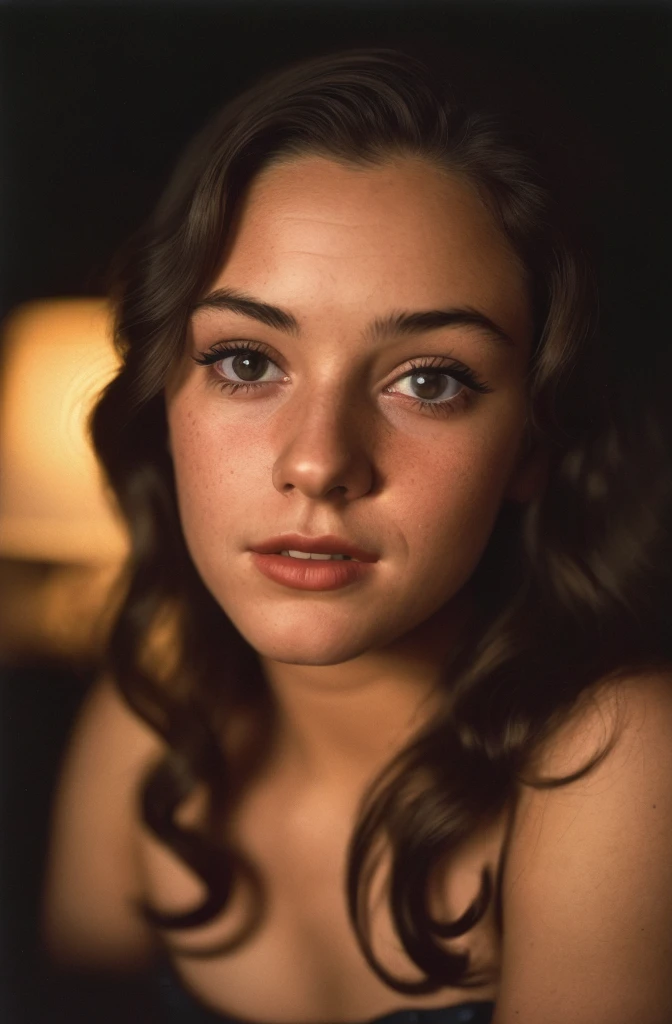 (close-up, editorial photograph of a 20 yo woman from the 1940's), (highly detailed face:1.4) (smile:0.7) (background inside dark, moody, private study:1.3) POV, by lee jeffries, nikon d850, film stock photograph ,4 kodak portra 400 ,camera f1.6 lens ,rich colors ,hyper realistic ,lifelike texture, dramatic lighting , cinestill 800,