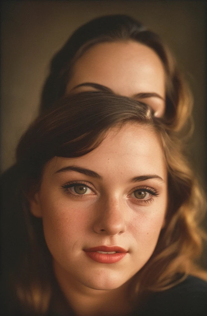 (close-up, editorial photograph of a 20 yo woman from the 1940's), (highly detailed face:1.4) (smile:0.7) (background inside dark, moody, private study:1.3) POV, by lee jeffries, nikon d850, film stock photograph ,4 kodak portra 400 ,camera f1.6 lens ,rich colors ,hyper realistic ,lifelike texture, dramatic lighting , cinestill 800,