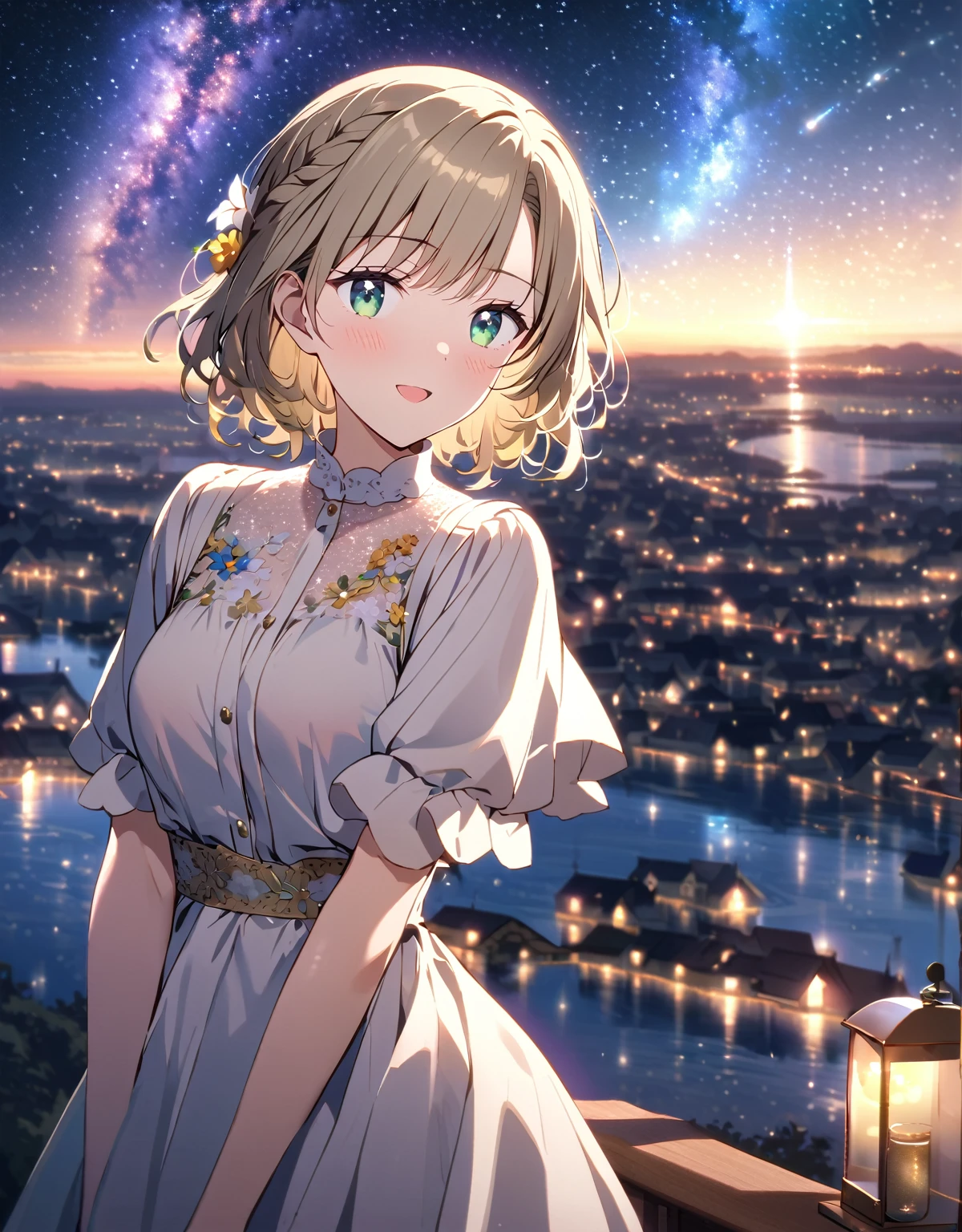 1 Girl. Old-fashioned smile. flowerびら.  __flower__. four seasons. Bokeh. close.
Nice body,  beautiful skin. oily skin. Very delicate and beautiful. Very detailed. Clear Eyes. 
光がShine. Mysterious atmosphere. Subsidy Light.
milky way. January . starry sky. Twilight Time . city. __Scenario Fantasy__.
__haircolor__ hair, __hairstyle__,  __Eye color__ Eye color. __skin-color__ skin.  lentife flare, Shine, embroidery, accessories, jewelry, reflection, refraction, __dress__, Night Sky, starry sky, star.
 