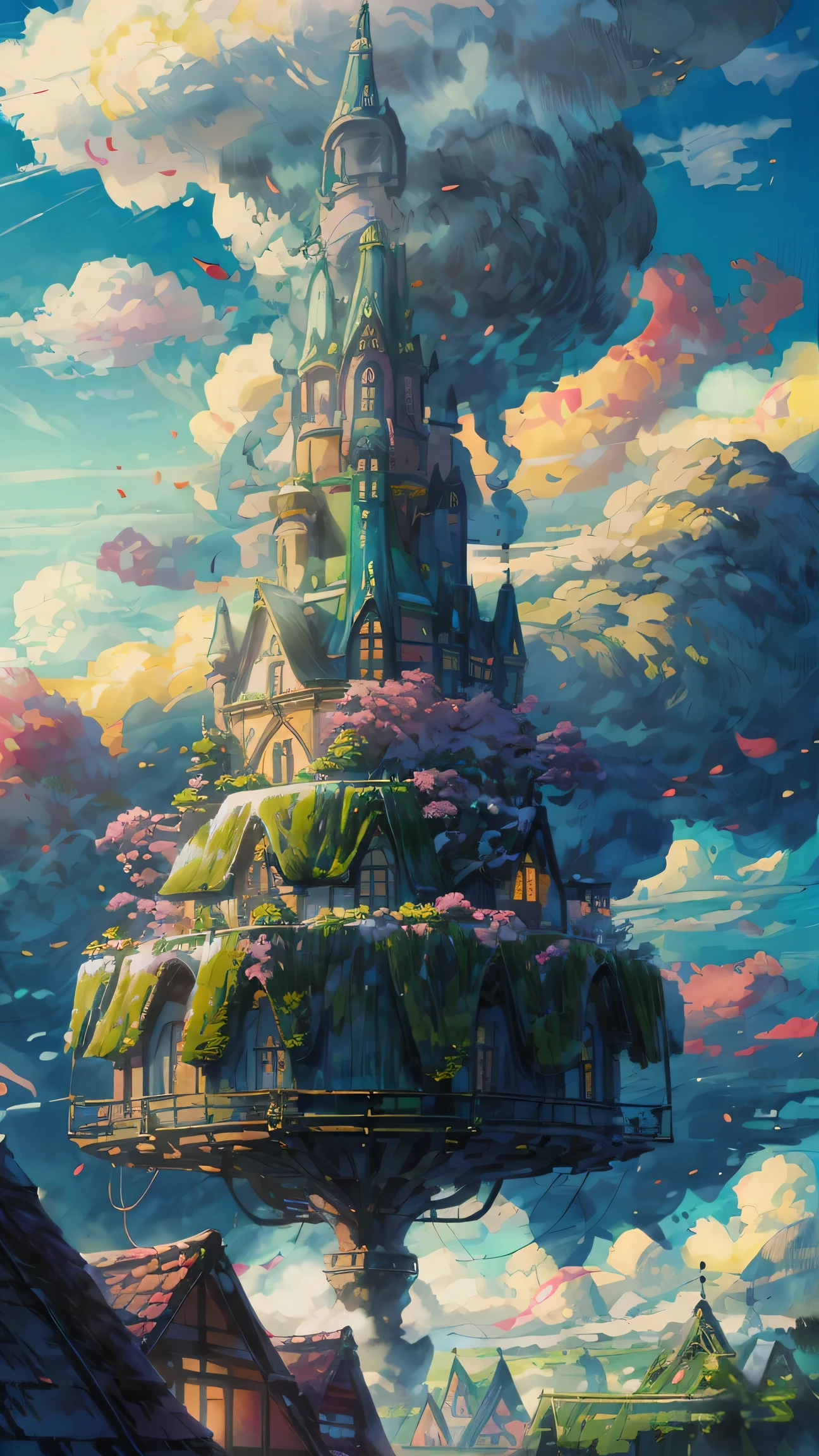 "A majestic castle on a floating sky island,Ghibli's Worldview、 Reminiscent of a Japanese-style fortress, Floating on fluffy clouds, Bask in the warm sunlight, Emits vibrant colors. masterpiece."balloon, City, Fantasy, A magical plant grows, Extreme Detail, Realistic Light, A magnificent composition, (Intricate details), (Intricate Design, Super detailed :1.2), Art Station, (masterpiece, Highest quality), Ultra HD, 32K --v 6