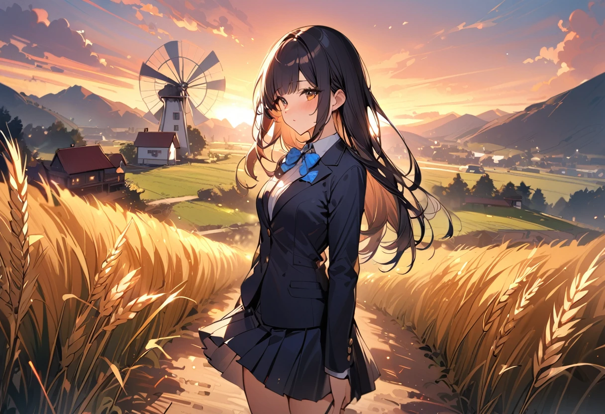 (masterpiece:1.4, best quality), (masterpiece, best quality),cute girl walking down a dirt road that cuts through the fields,
BREAK tranquil scene with gently rolling hills, fields of (vast golden wheat:1.3), water turbine,a few quaint farmhouses scattered throughout,(overlooking:1.3),wind,sunset sky,
BREAK 1 girl, long hair, black hair, straight hair, short bangs above brows,
BREAK , blazer, white shirt, blue bowtie, pleated skirt,