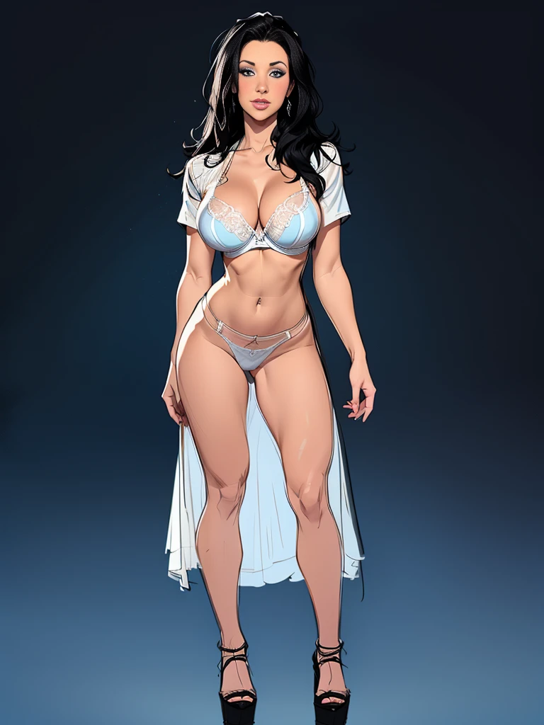  full body shot. sketch. 1 ultra hot gorgeous woman. Age 23.，black hair. Blue background. ((White blouse)) Black sheer D cup bra. ((Black and white sketch)).