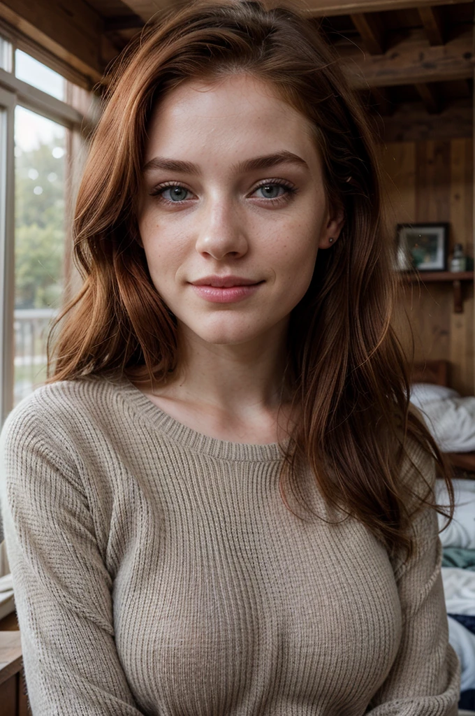 Photo of an Irish girl 20 years old, medium length red hair, honey colored eyes, detailed eyes, pale skin, look confident, everyday, interior, with an air of superiority, gray sweater, cowboy, posing for the camera, realistic photography, Big , They are smiling, Beautiful face, Beautiful face, young, , make her naked