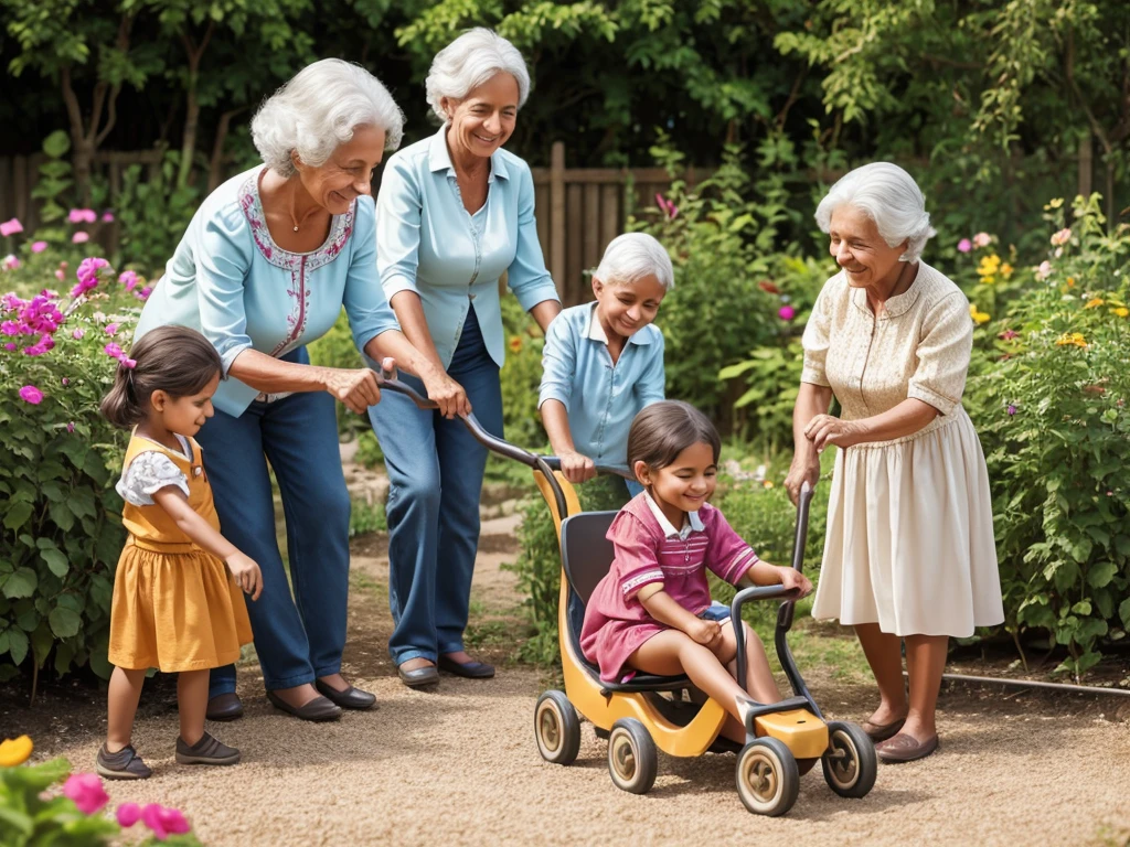 Grandma Catarina playing with the children in the garden, with a radiant smile on your face.