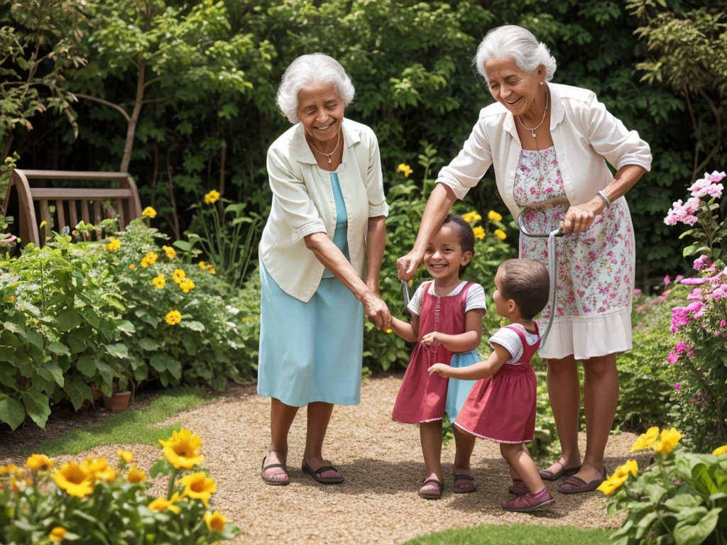 Grandma Catarina playing with the children in the garden, with a radiant smile on your face.