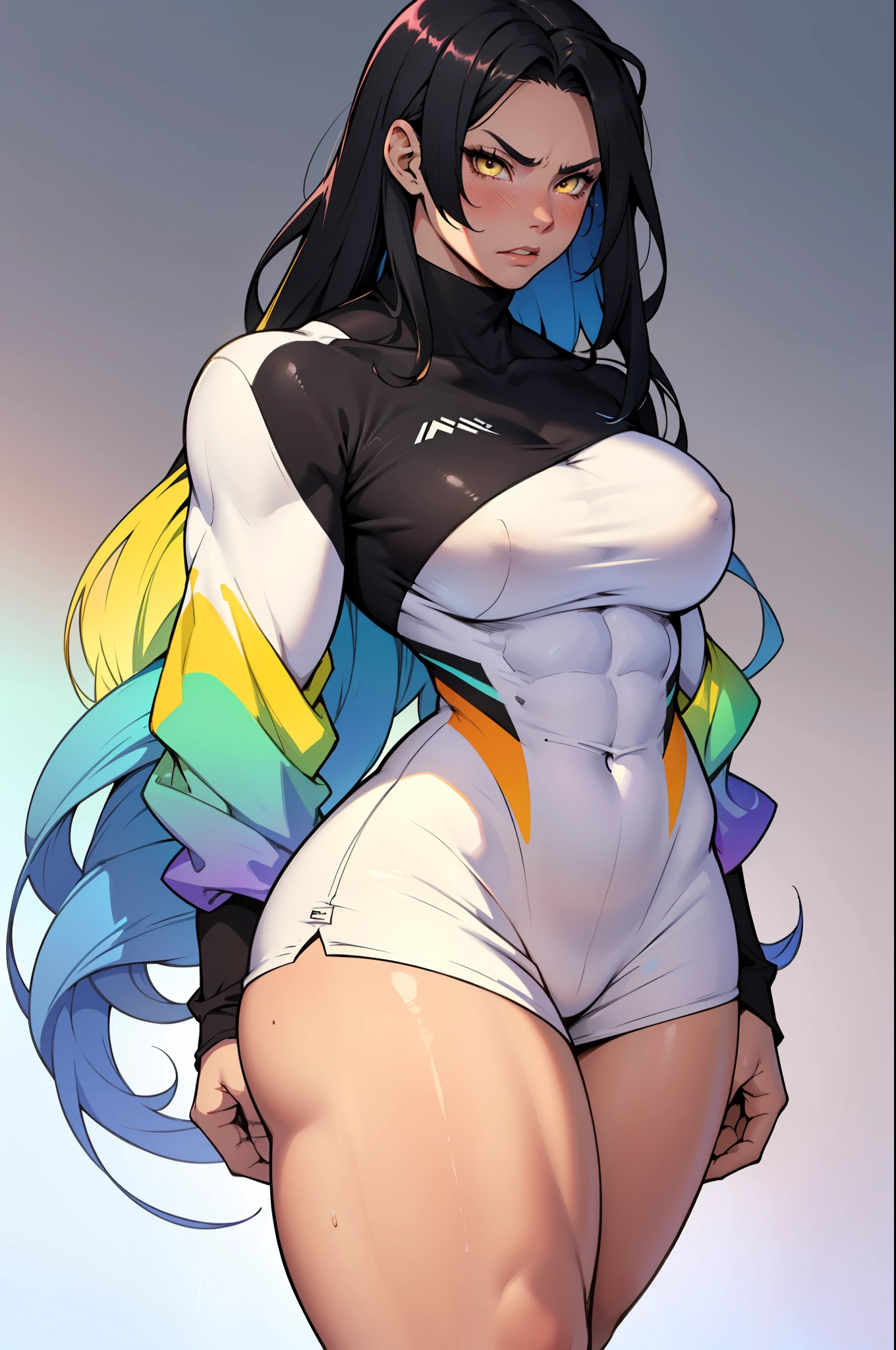 1girl solo black hair yellow eyes very long hair pale skin muscular muscular muscular muscular toned body huge muscles thick thighs girl tight clothes angry blushing messy hair tight shirt long sleeves thick thick thick thick (gradient hair gradient hair gradient hair gradient hair gradient hair gradient hair) (gradient hair gradient hair gradient hair gradient hair gradient hair gradient hair)