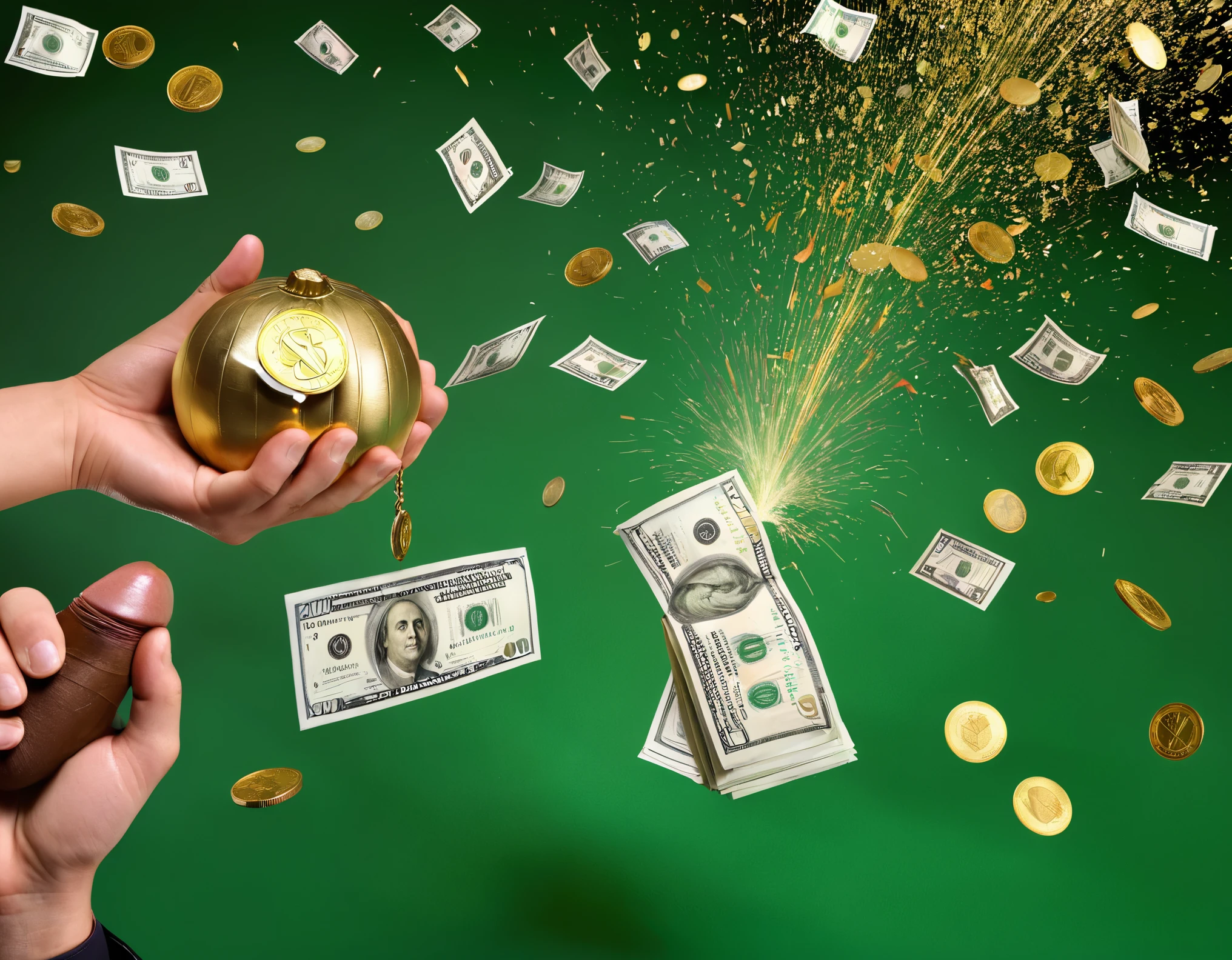 [Money Bag emoji] Envision a dynamic composition featuring various global currencies exploding in a burst of energy. Each currency symbolizes a different facet of financial domination. The scene should be photorealistic, with banknotes and coins dynamically suspended in mid-air. Aim for UHD quality to showcase the fine details of each currency, creating a visually striking representation of the power associated with financial diversity.
