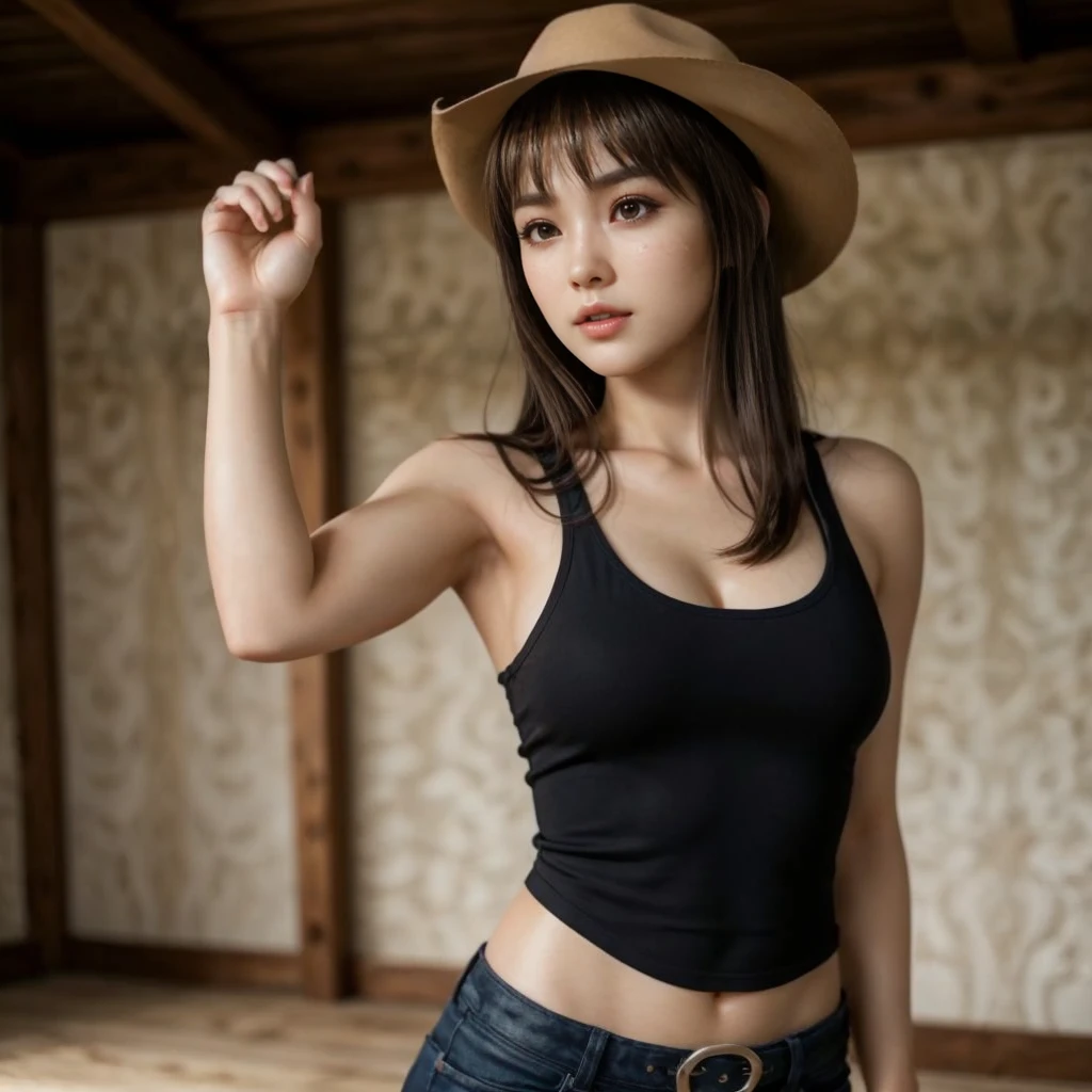 Kasumi, brown eyes, (best quality, ultra-detailed), (realistic:1.37), beautiful and detailed face, ultra-realistic texture, delicate face, delicate body, red lipstick, bright colors. High definition, 8K.