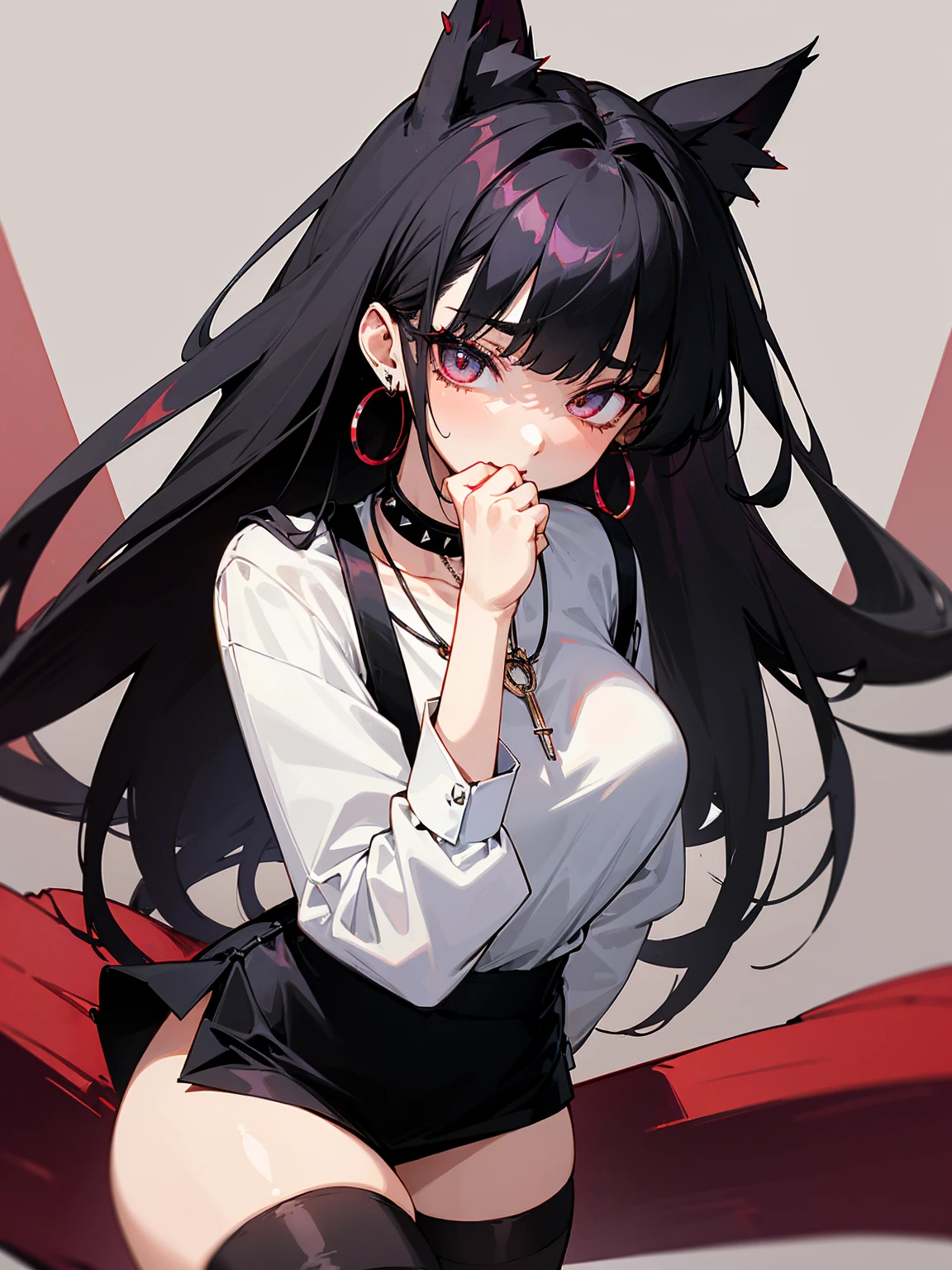 ((Long Straight Black hair)), Perfect face, Choker, Punk earrings, ((Tall)), ((High Quality)), Necklace, ((Mature)), Pretty Eyes, Sharp Nails, Bangs, ((1 Girl)), ((Multiple Earrings)), 1 girl, Spiky Earrings, Adult, Spiked Collar, Thin Eyelashes, Plain Background, Red Colors in Background, Cat Girl, Long Tail, Large Tail, Massive Tail, Black Tail, ((Black Goth Mini Skirt)), ((White Shirt)), Close Up, Very Short Mini Skirt, Tall, Long Legs, Sexy Thigh Highs, ((Very Disgusted)), Dynamic Pose,