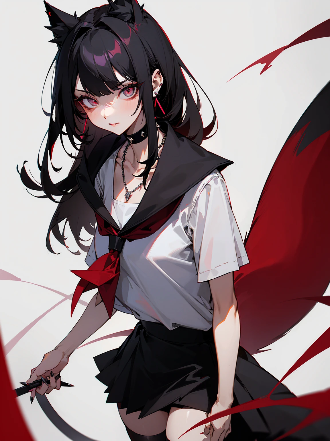 ((Long Straight Black hair)), Perfect face, Choker, Punk earrings, ((Tall)), ((High Quality)), Necklace, ((Mature)), Pretty Eyes, Sharp Nails, Bangs, ((1 Girl)), ((Multiple Earrings)), 1 girl, Spiky Earrings, Adult, Spiked Collar, Thin Eyelashes, Plain Background, Red Colors in Background, Cat Girl, Long Tail, Large Tail, Massive Tail, Black Tail, ((Black Goth Mini Skirt)), ((White Shirt)), Close Up, Very Short Mini Skirt, Tall, Long Legs, Sexy Thigh Highs, ((Very Disgusted)), Dynamic Pose,