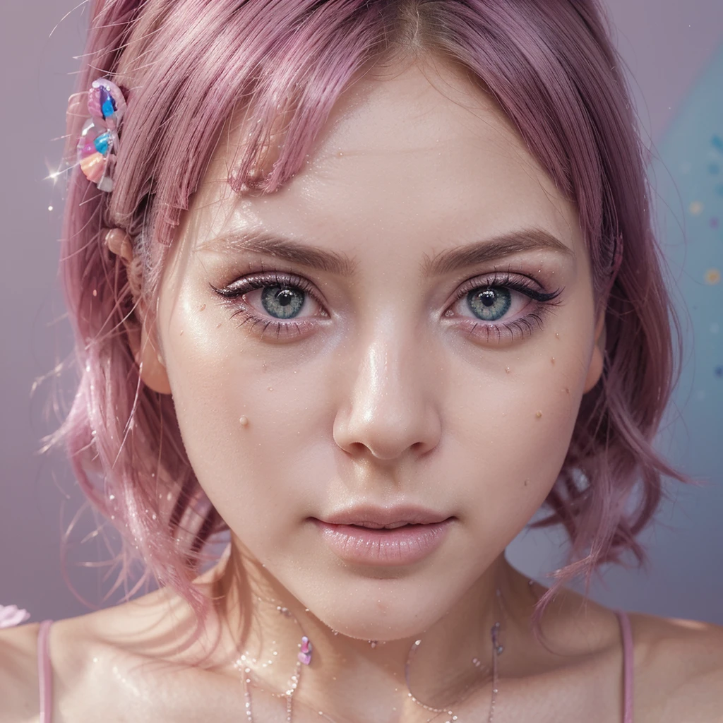 beautiful detailed woman, neckline, pink and blue hair, big eyes, extremely eyes, kawaii makeup, tender, magic effects with sparkles, all pink, pink effects, detailed face. sucking a candy. detailed, seductive well-defined face, vivid colors, detailed skin (best quality, 4k, 8k, high resolution, masterpiece: 1.2), ultra detailed. (realistic, photorealistic, photorealistic: 1.37), photo portrait, colorful eyes. Pink eyes, cute makeup. cute stickers. tender girl