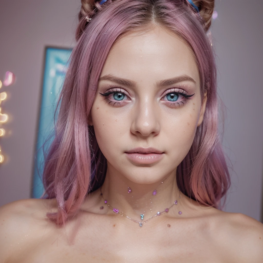 beautiful detailed woman, neckline, pink and blue hair, big eyes, extremely eyes, kawaii makeup, tender, magic effects with sparkles, all pink, pink effects, detailed face. sucking a candy. detailed, seductive well-defined face, vivid colors, detailed skin (best quality, 4k, 8k, high resolution, masterpiece: 1.2), ultra detailed. (realistic, photorealistic, photorealistic: 1.37), photo portrait, colorful eyes. Pink eyes, cute makeup. cute stickers. tender girl