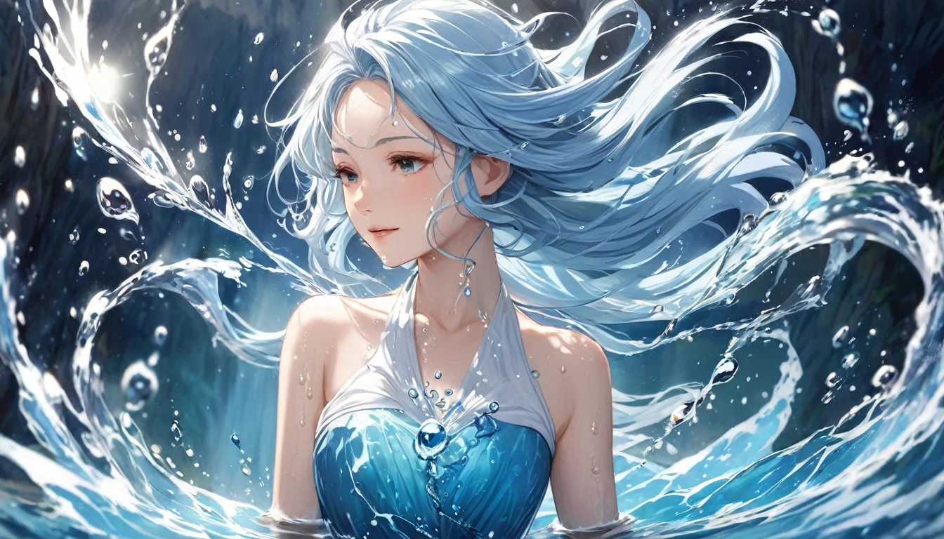 One girl, Female Water Spirit, Light blue hair, Internal spring water, Put a few drops of water on your skin,
