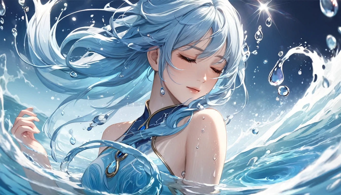 One girl, Female Water Spirit, Light blue hair, Internal spring water, Put a few drops of water on your skin,