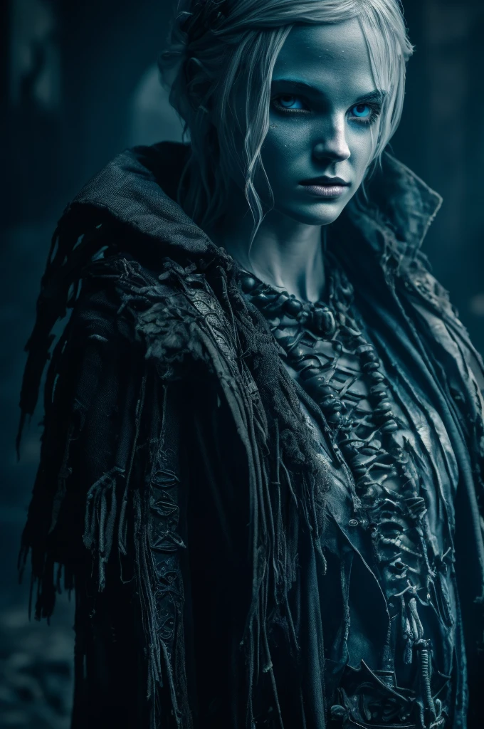 Character Portrait, Ancient, dark crypt, Night, Dim, eerie light emanating from ghostly blue flames, Pale, gaunt figure with sunken eyes, wearing dark, ragged clothing adorned with bones, Decayed ruins and skeletons scattered on the ground, faint outlines of raised dead in the shadows, UHD, retina, masterpiece, accurate, anatomically correct, textured skin, super detail, high details, high quality, award winning, best quality, highres, 1080P, HD, 4K, 8k, 16k