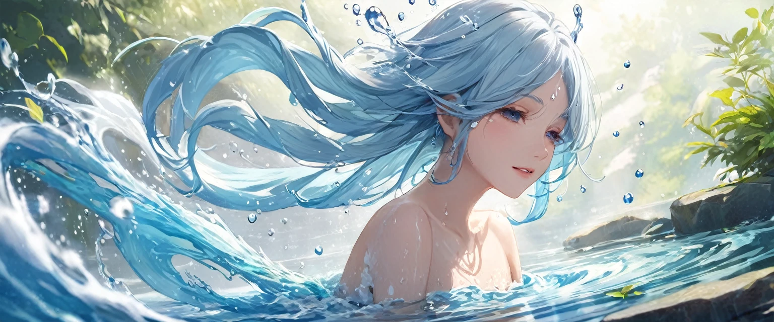 One girl, Female Water Spirit, Light blue hair, Internal spring water, Put a few drops of water on your skin,