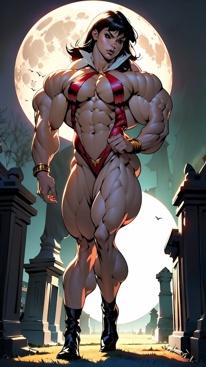 egan fox as Vampirella, (wearing a red vampirella outfit:1.25), (muscular physique, pale skin, red glowing eyes:1.25), walking down a cemetery on a moonlit night, full moon, dark gothic atmosphere, thin legs, Realistic, Very detailed face and eyes, (masterpiece:1.1), (best quality:1.1), (ornate:1.1), (beautiful girl face:1.25)