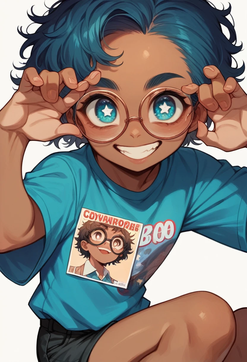 1 girl, rounded glasses, big eyeglasses, smiling, looking at the camera, short messy hair, darkskin, rounded eyes, cyan blue shirt, black shorts, close up, magazine photo, dynamic pose without clothes