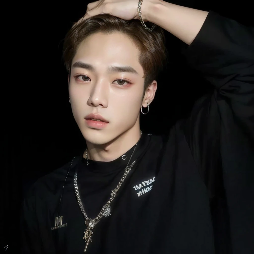 wired man with a chain around his neck and a black shirt, park Jimin, Jimin\the Greek nose, Jimin\the right eyelid is swollen, accurate Jimin face, Jimin, Jimin\the full lips, Tae June Kim, hyung tae, jossi do blackpink, portrait of jossi do blackpink, yanjun chengt, Hong Jun Hyung