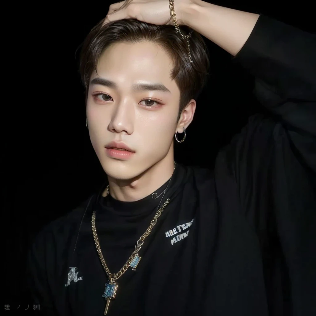 wired man with a chain around his neck and a black shirt, park Jimin, Jimin\the Greek nose, Jimin\the right eyelid is swollen, accurate Jimin face, Jimin, Jimin\the full lips, Tae June Kim, hyung tae, jossi do blackpink, portrait of jossi do blackpink, yanjun chengt, Hong Jun Hyung
